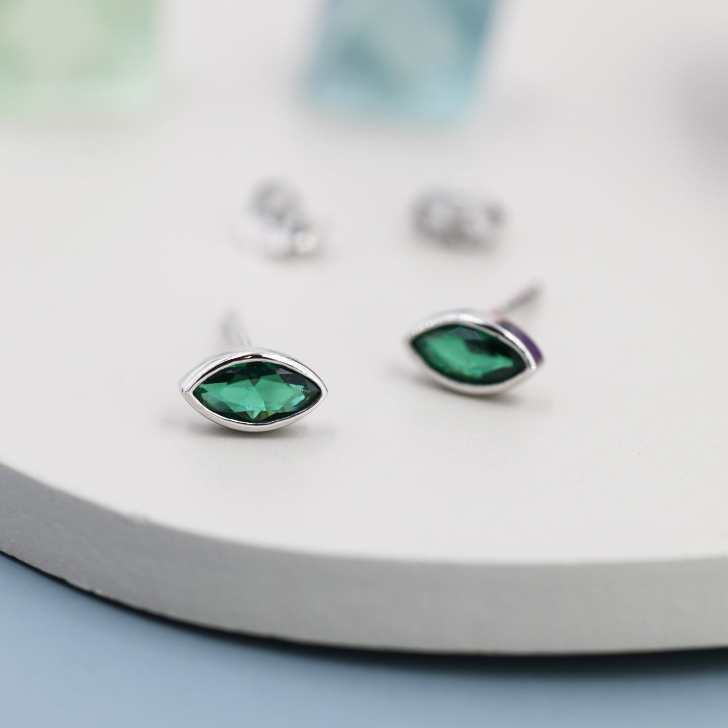 Emerald Green CZ Stud Earrings in Sterling Silver, Silver or Gold, Marquise Crystal Earrings, May Birthstone