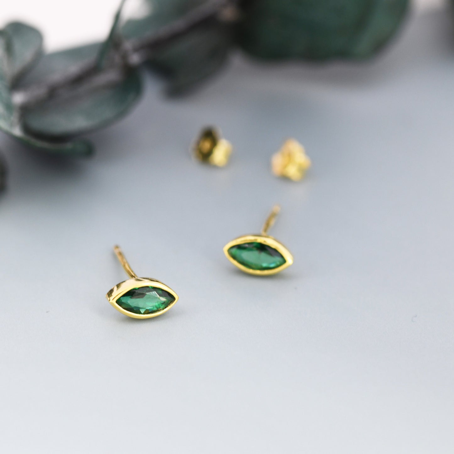 Emerald Green CZ Stud Earrings in Sterling Silver, Silver or Gold, Marquise Crystal Earrings, May Birthstone