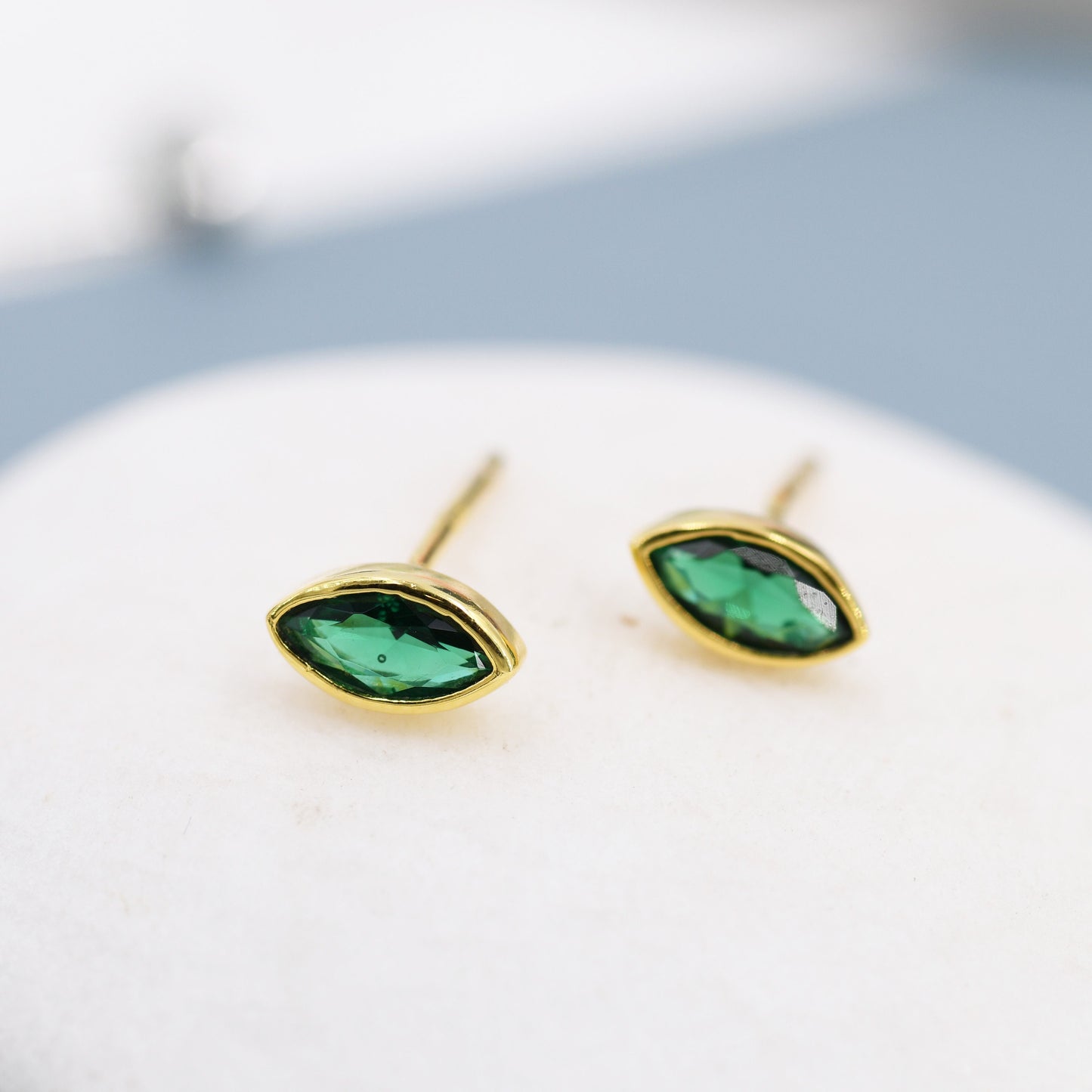 Emerald Green CZ Stud Earrings in Sterling Silver, Silver or Gold, Marquise Crystal Earrings, May Birthstone