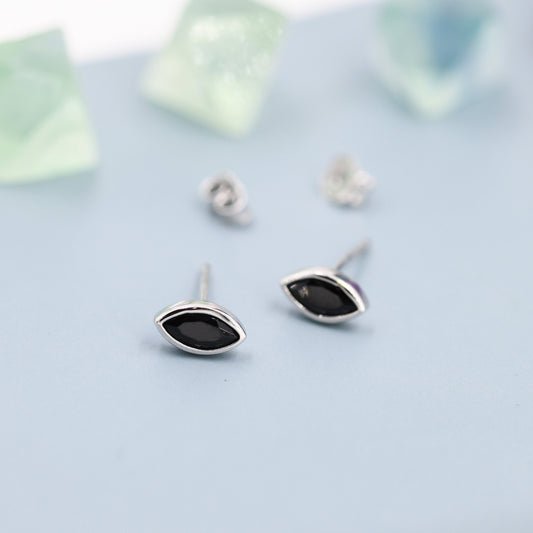 Black CZ Stud Earrings in Sterling Silver, Silver or Gold, Black Diamond Marquise Crystal Earrings