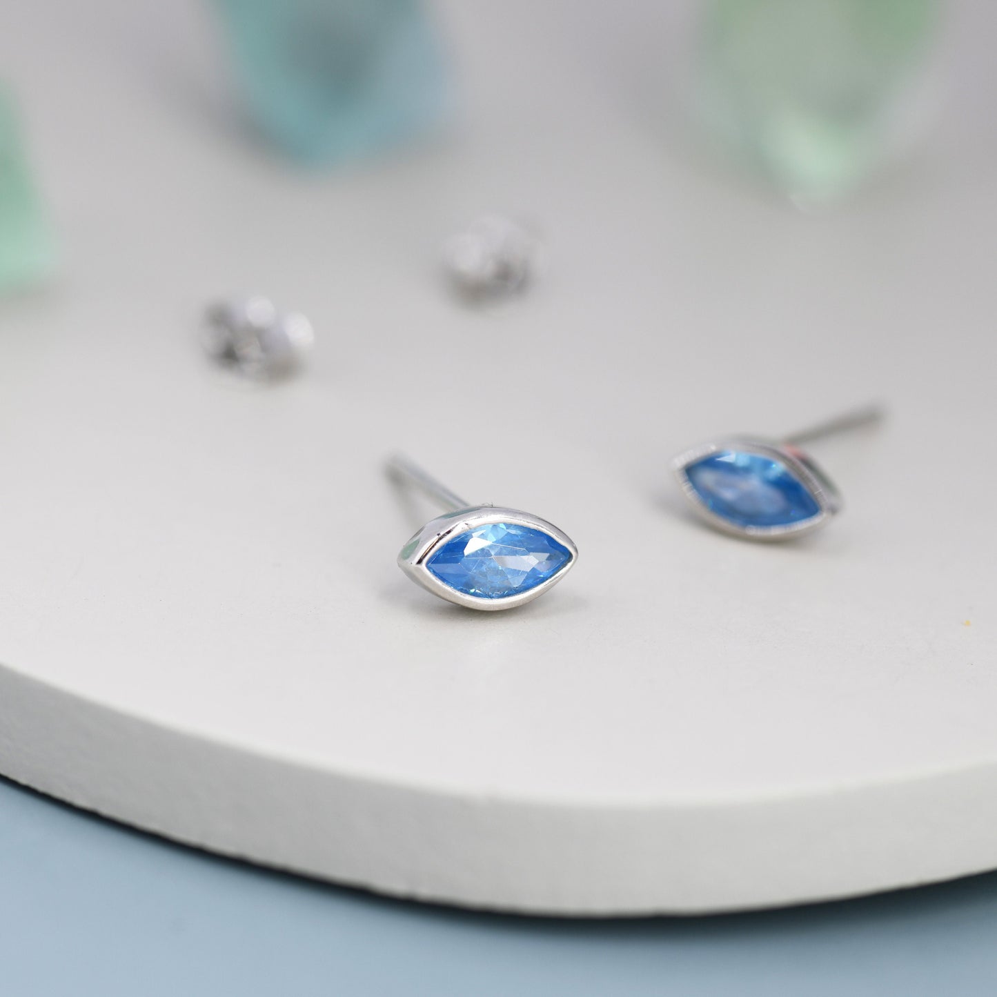 Marquise Aquamarine Blue CZ Stud Earrings in Sterling Silver, Marquise Crystal Earrings, Blue Stud, March Birthstone