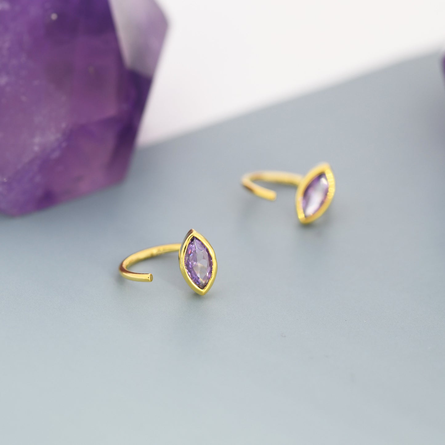 Marquise Amethyst Purple CZ Huggie Hoops in Sterling Silver, Marquise Crystal Open Threader Earrings, Half Hoops, February Birthstone