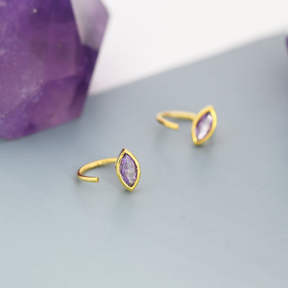 Marquise Amethyst Purple CZ Huggie Hoops in Sterling Silver, Marquise Crystal Open Threader Earrings, Half Hoops, February Birthstone