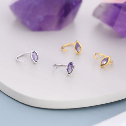 Marquise Amethyst Purple CZ Huggie Hoops in Sterling Silver, Marquise Crystal Open Threader Earrings, Half Hoops, February Birthstone