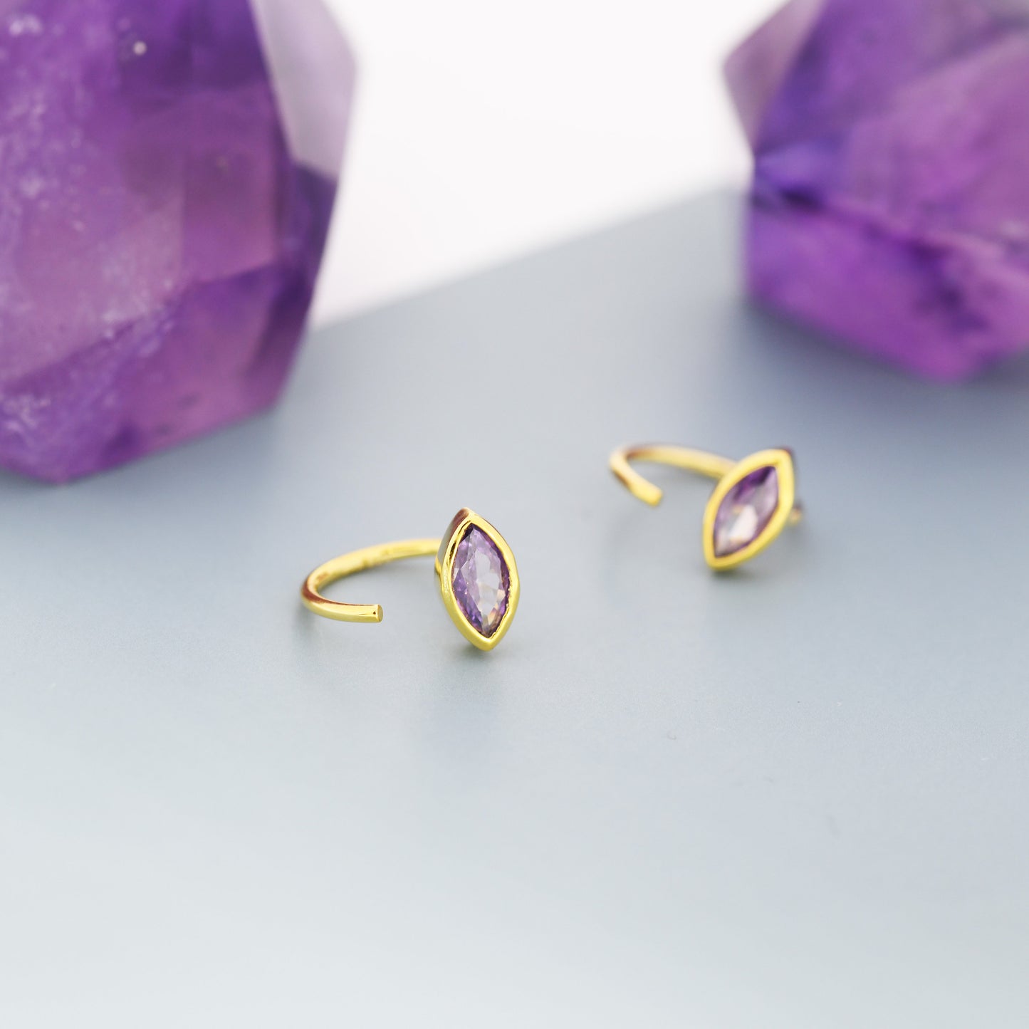 Marquise Amethyst Purple CZ Huggie Hoops in Sterling Silver, Marquise Crystal Open Threader Earrings, Half Hoops, February Birthstone