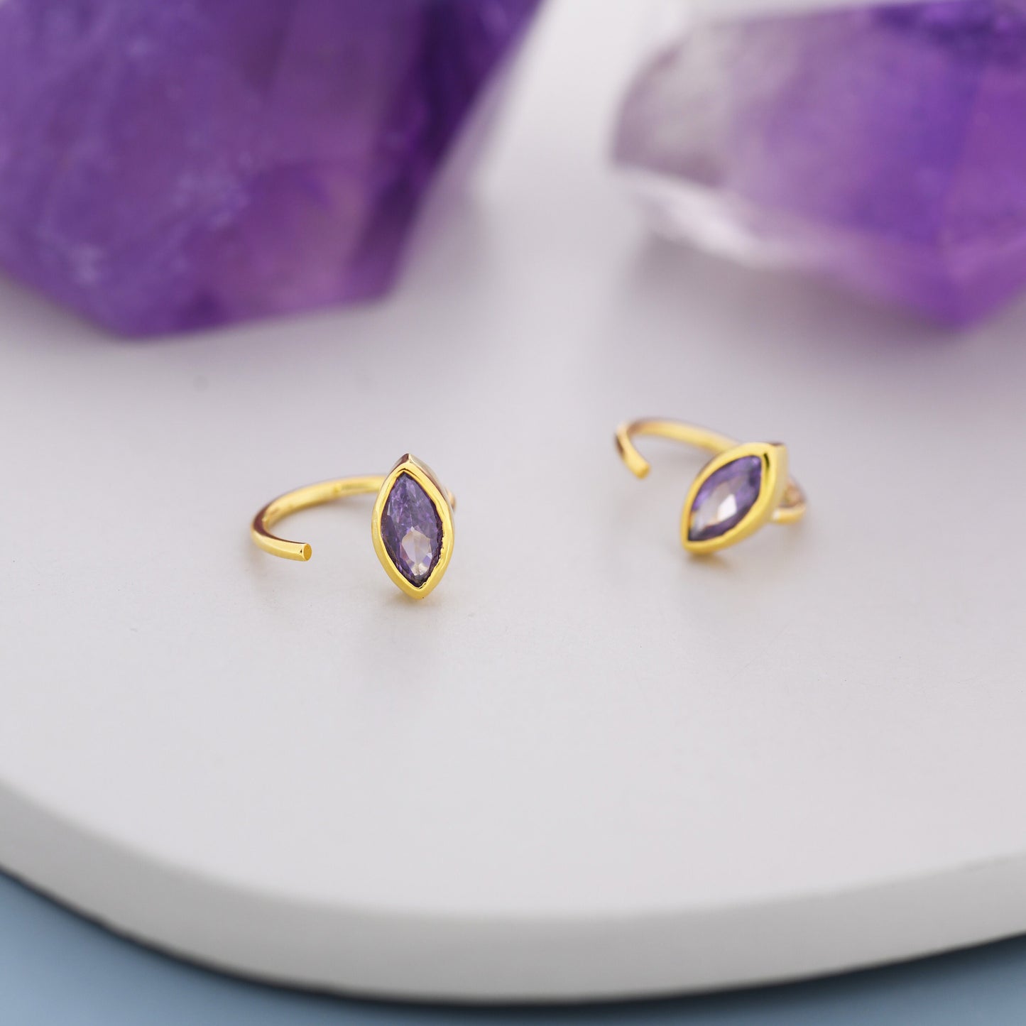 Marquise Amethyst Purple CZ Huggie Hoops in Sterling Silver, Marquise Crystal Open Threader Earrings, Half Hoops, February Birthstone