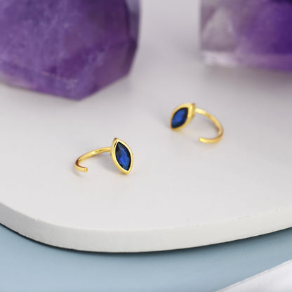 Marquise Sapphire Blue CZ Huggie Hoops in Sterling Silver, Marquise Crystal Open Threader Earrings, Half Hoops, September Birthstone