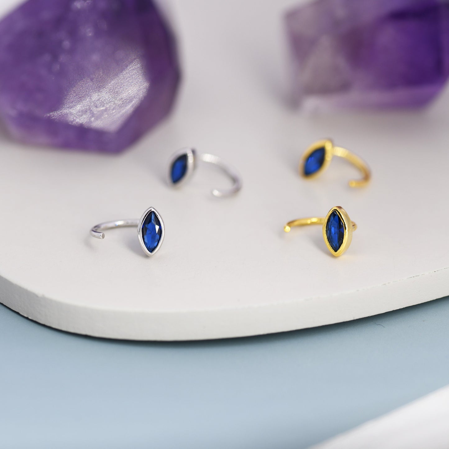 Marquise Sapphire Blue CZ Huggie Hoops in Sterling Silver, Marquise Crystal Open Threader Earrings, Half Hoops, September Birthstone