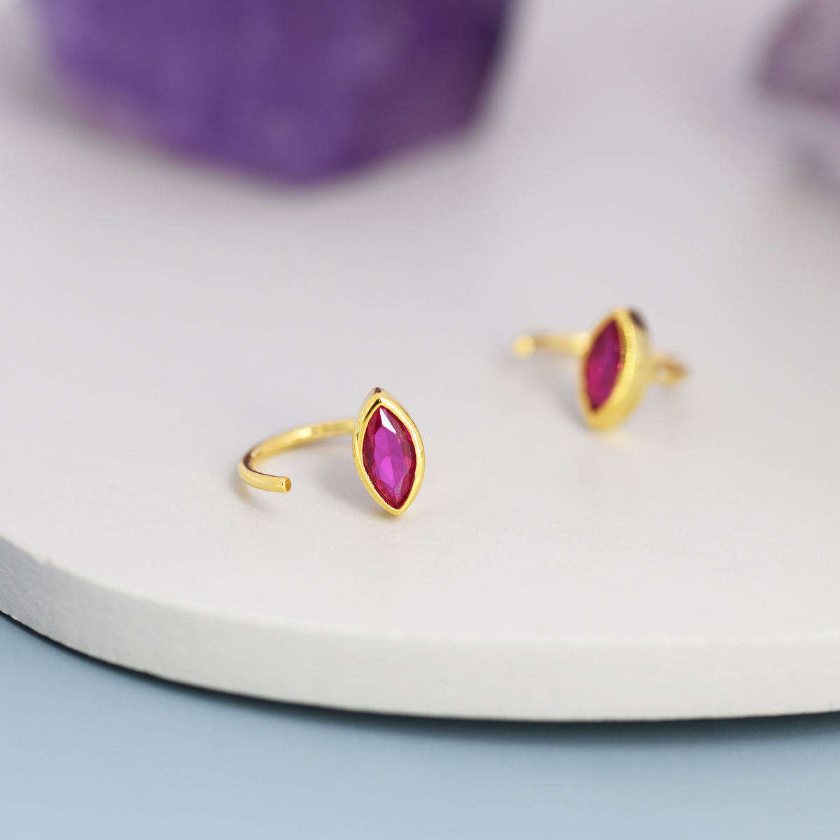 Marquise Ruby Pink CZ Huggie Hoops in Sterling Silver, Marquise Crystal Open Threader Earrings, Half Hoops, July Birthstone