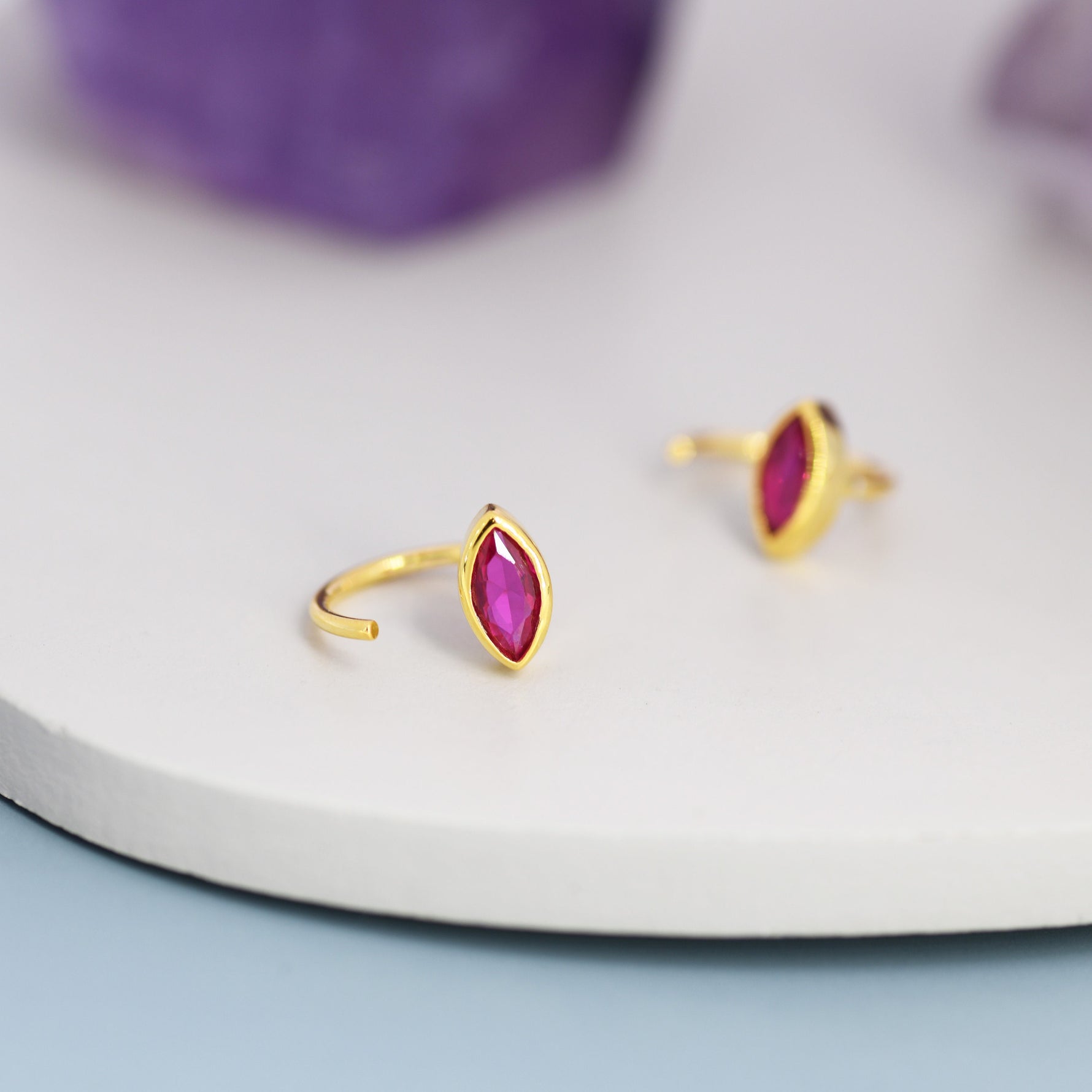 Marquise Ruby Pink CZ Huggie Hoops in Sterling Silver, Marquise Crystal Open Threader Earrings, Half Hoops, July Birthstone