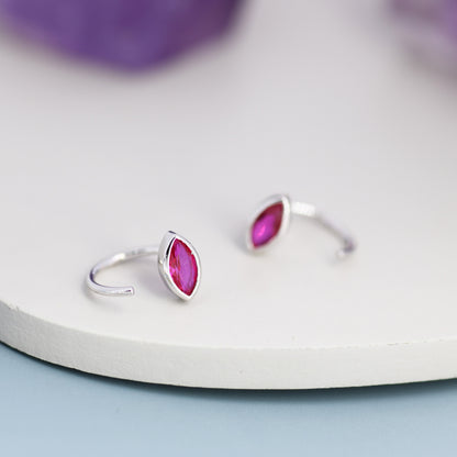 Marquise Ruby Pink CZ Huggie Hoops in Sterling Silver, Marquise Crystal Open Threader Earrings, Half Hoops, July Birthstone