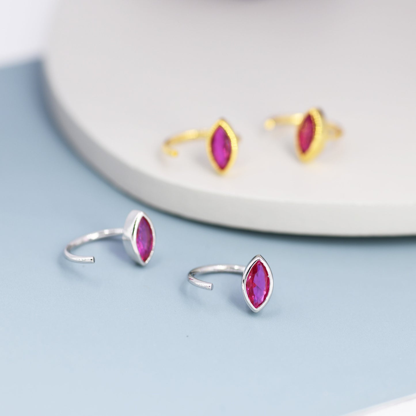 Marquise Ruby Pink CZ Huggie Hoops in Sterling Silver, Marquise Crystal Open Threader Earrings, Half Hoops, July Birthstone