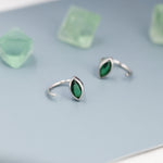 Marquise Emerald Green CZ Huggie Hoops in Sterling Silver, Marquise Crystal Open Threader Earrings, Half Hoops, May Birthstone