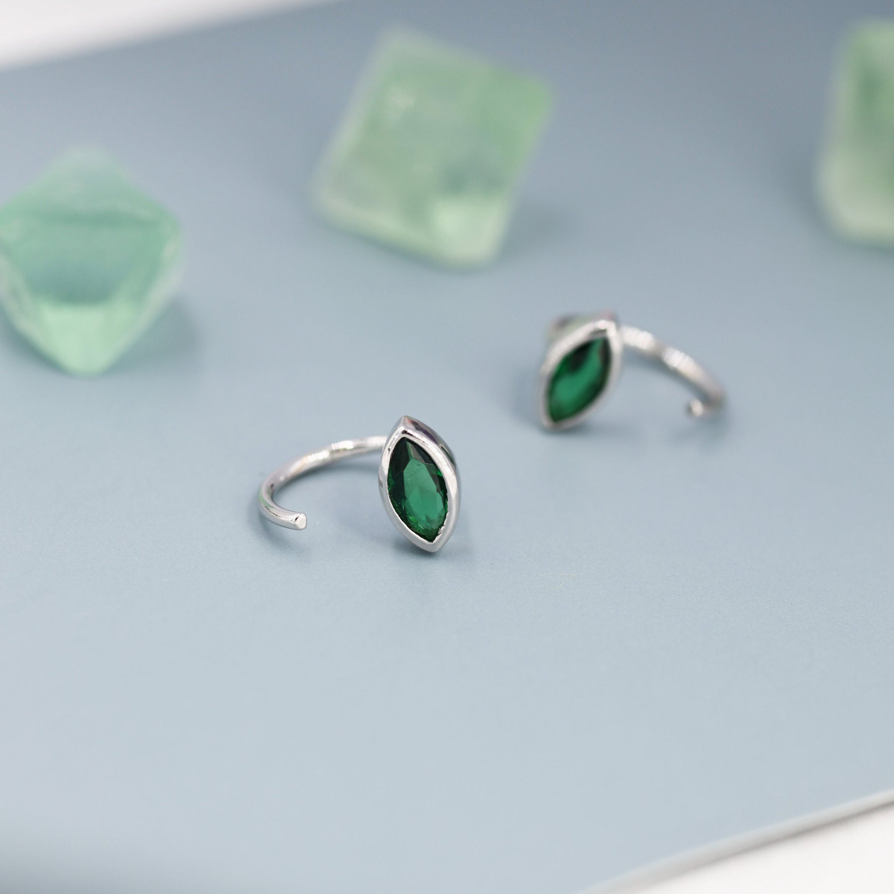 Marquise Emerald Green CZ Huggie Hoops in Sterling Silver, Marquise Crystal Open Threader Earrings, Half Hoops, May Birthstone