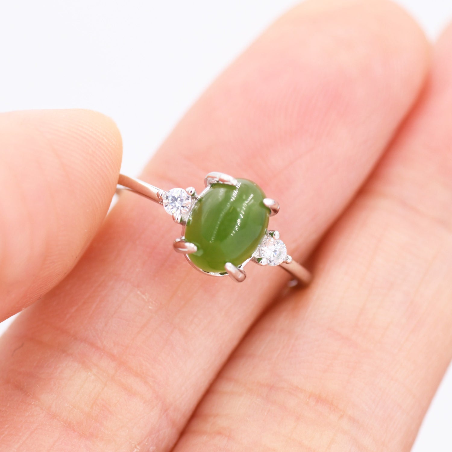 Oval Jade Halo Ring with CZ Accents