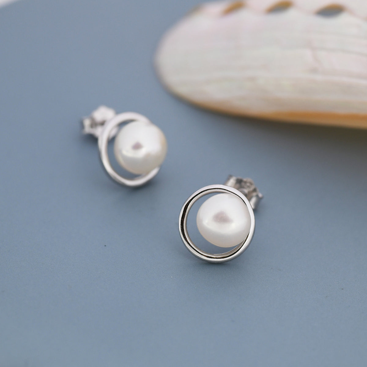 Genuine Freshwater Pearl and Circle Stud Earrings in Sterling Silver, Delicate Keshi Pearl Halo Earrings, Genuine Freshwater Pearls.
