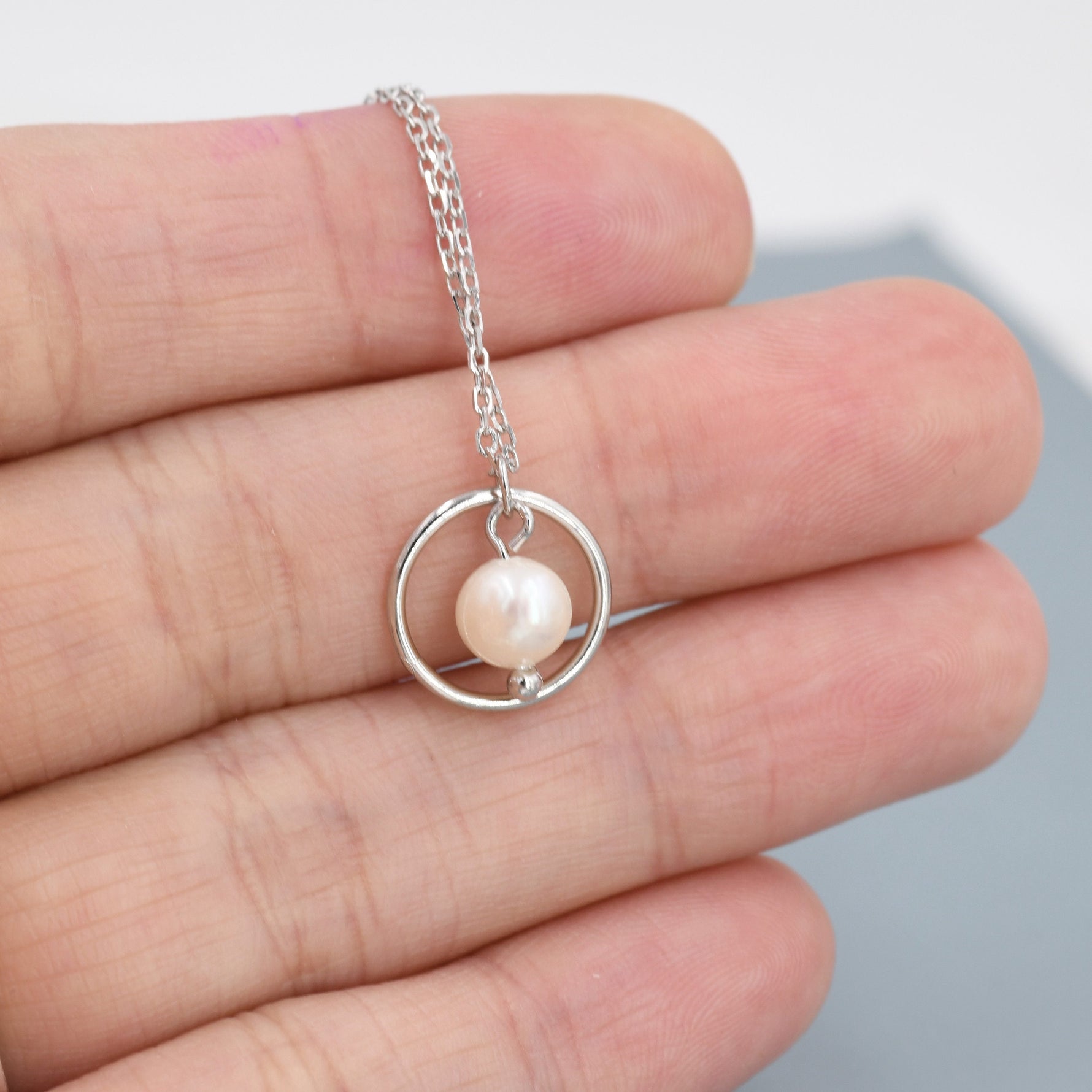 Sterling Silver Circle and Natural Pearl Pendant Necklace, Genuine Freshwater Pearl Necklace, Keshi Pearl Necklace, Pearl and Circle