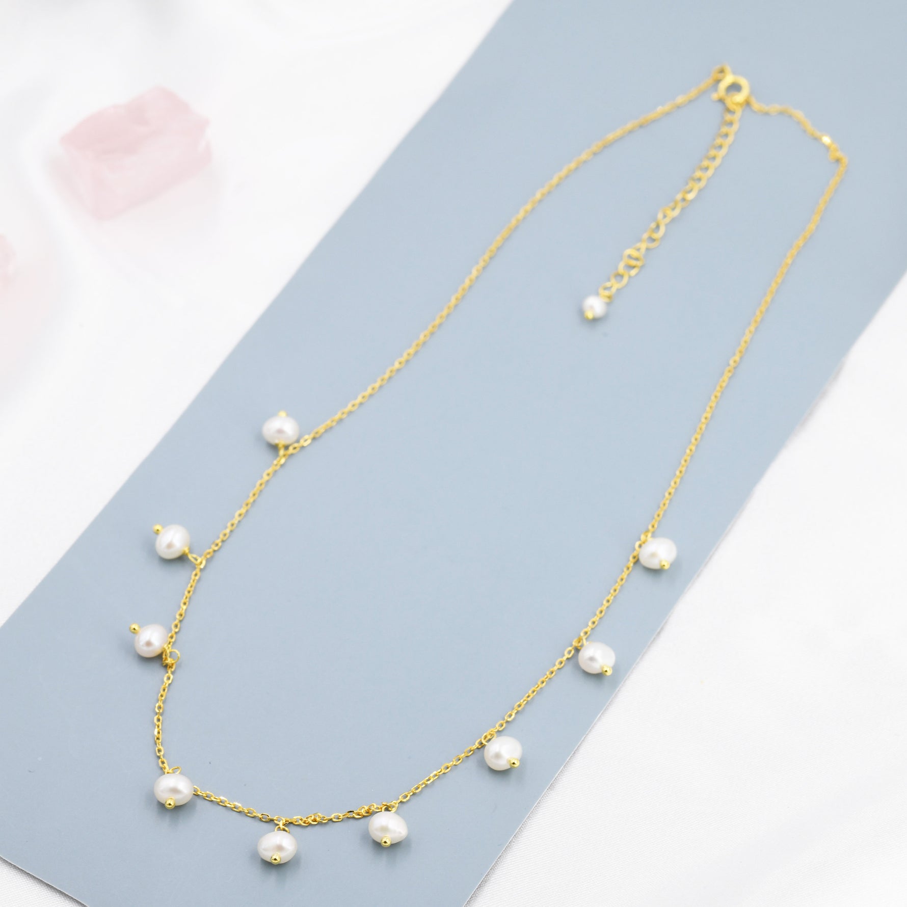 Dangle Pearl Necklace in Sterling Silver, Silver or Gold , Genuine Freshwater Pearls Necklace, Pearl Necklace