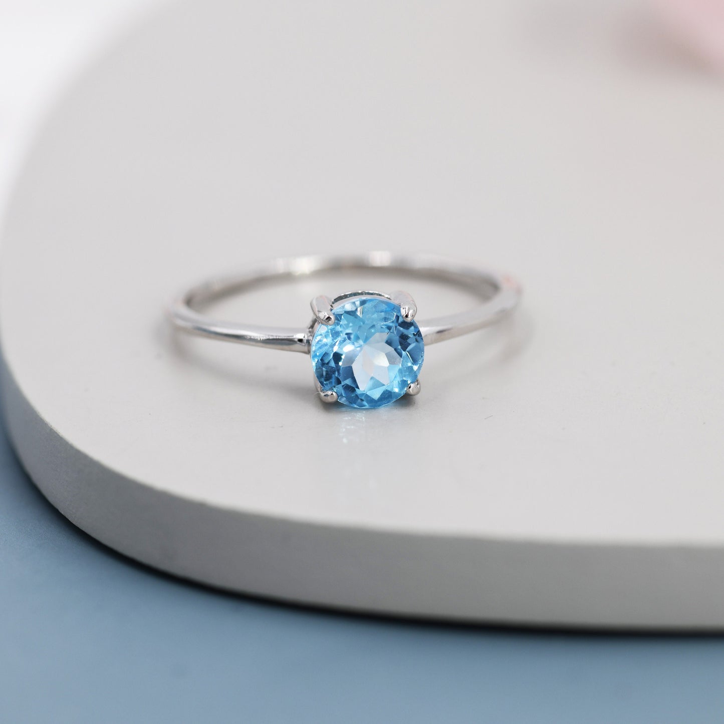 Genuine Swiss Blue Topaz Ring in Sterling Silver, Natural Brilliant Cut 6mm Topaz Stone Ring, Stacking Rings, US 5-8