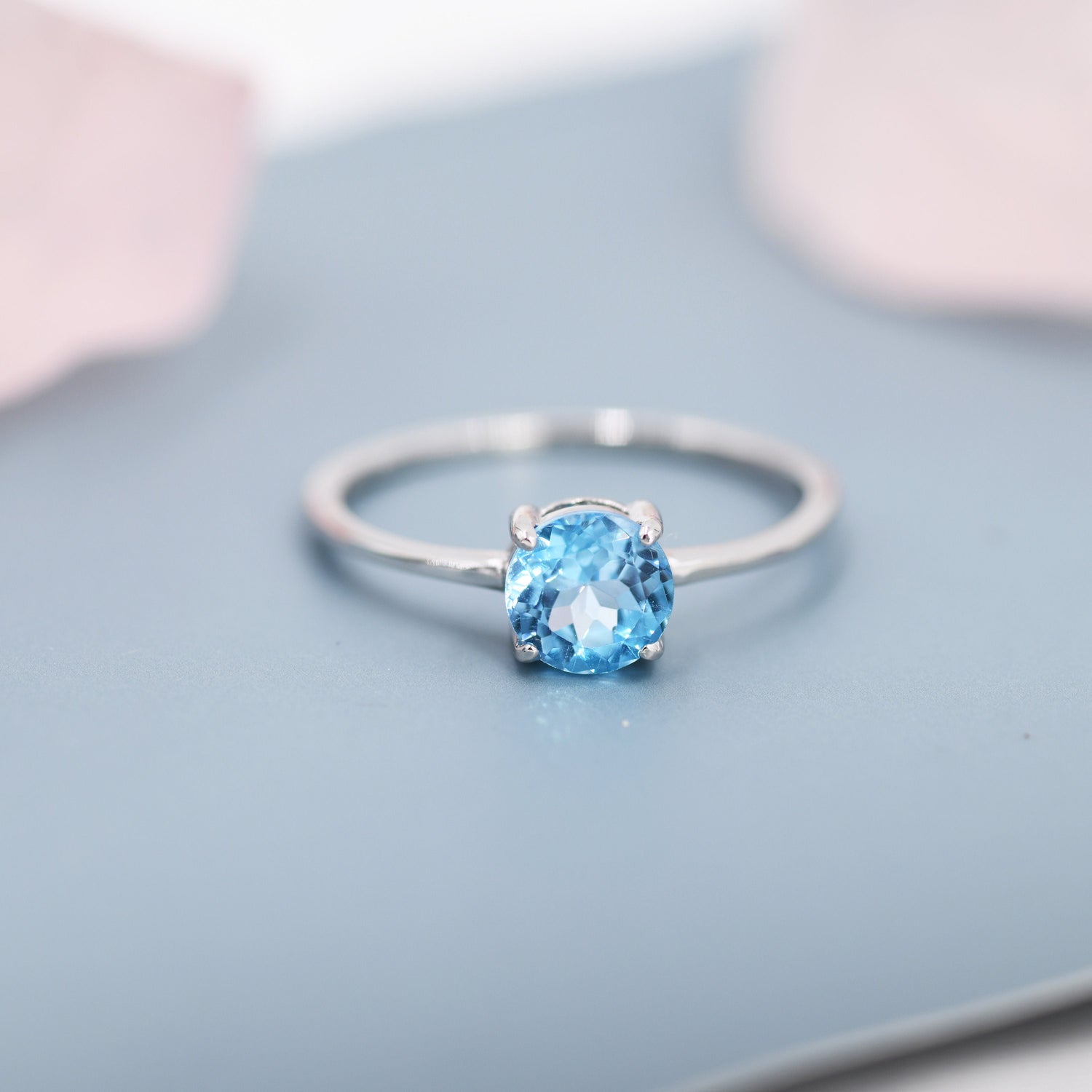 Swiss Brilliant Cut 6mm Blue Topaz Gemstone Ring