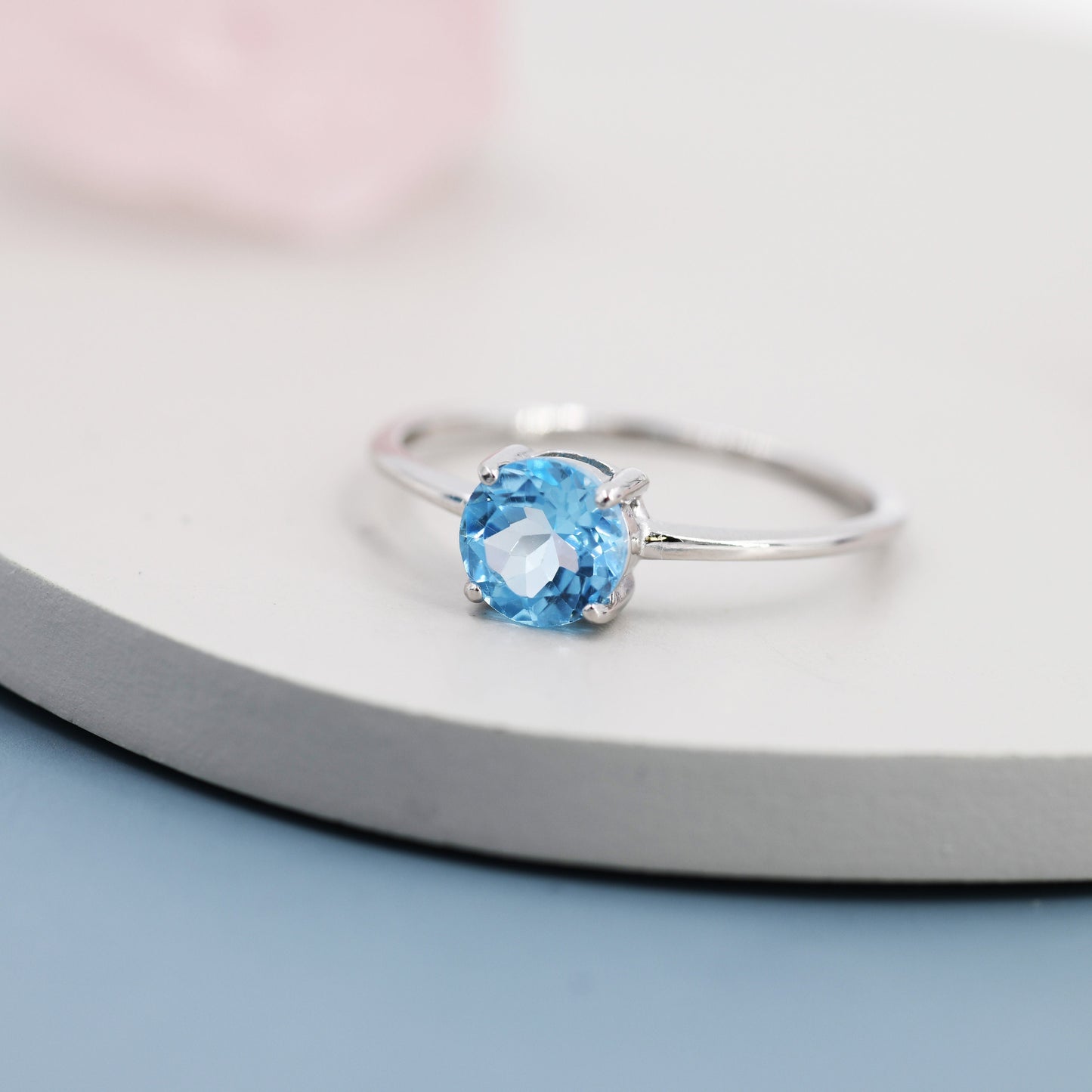 Genuine Swiss Blue Topaz Ring in Sterling Silver, Natural Brilliant Cut 6mm Topaz Stone Ring, Stacking Rings, US 5-8