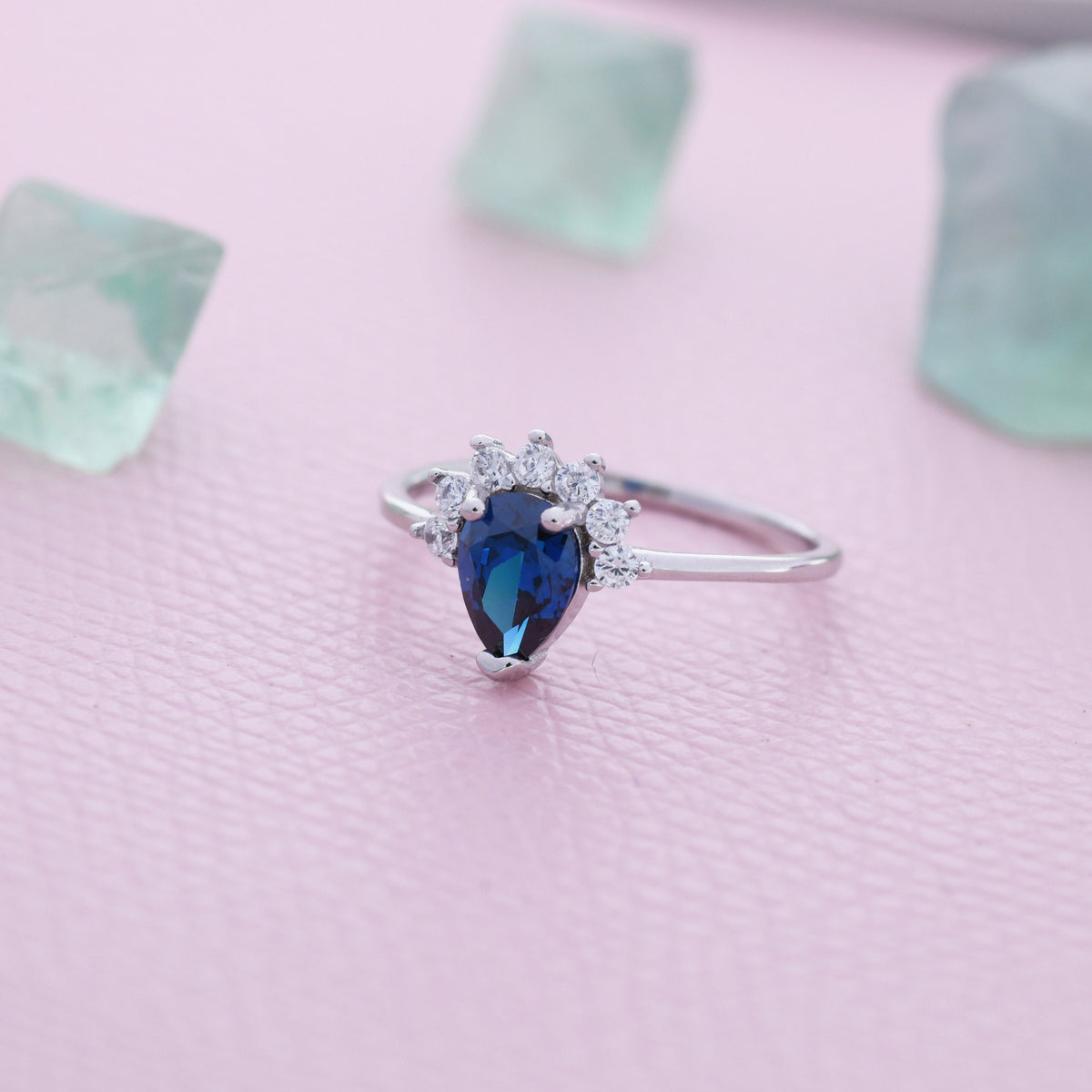 Pear Cut Sapphire Blue CZ Crown Ring in Sterling Silver, Vintage Inspired Design, US 5 - 8, September Birthstone