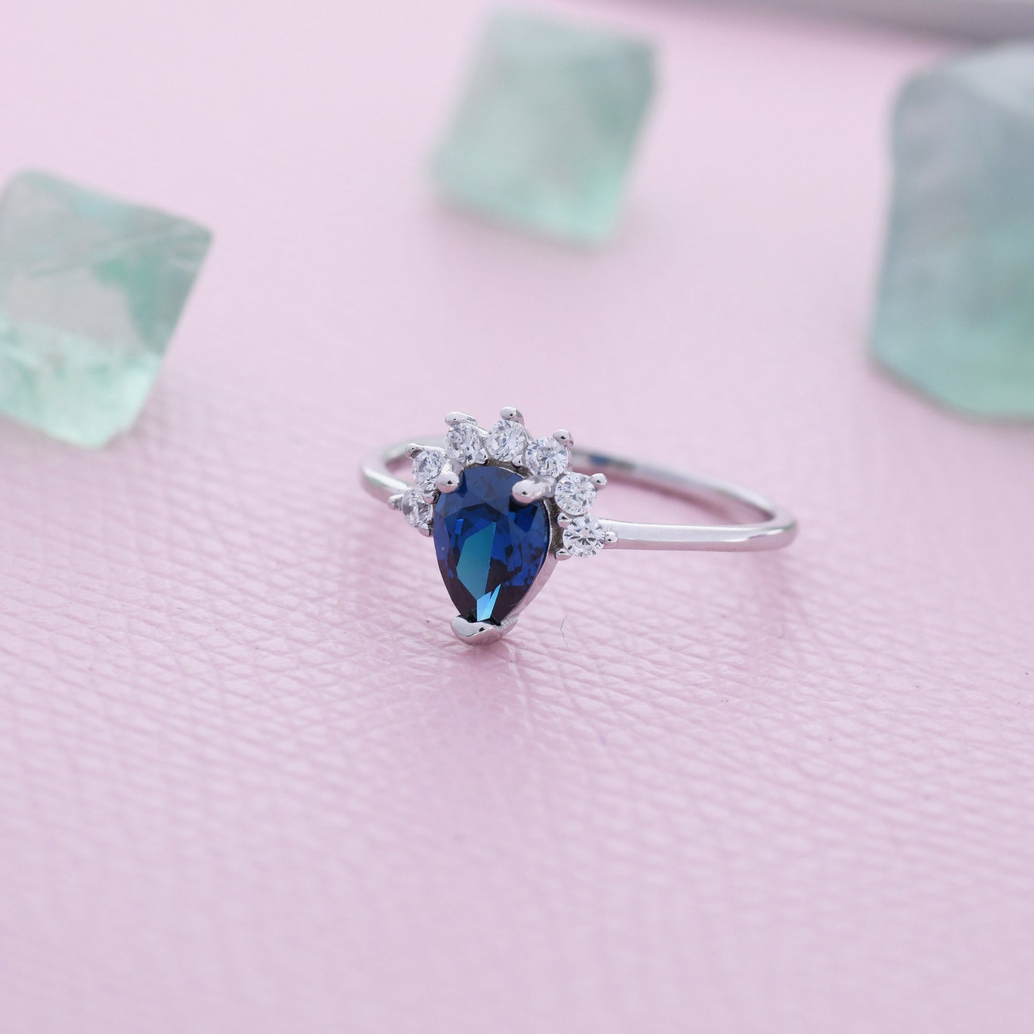 Pear Cut Sapphire Blue CZ Crown Ring in Sterling Silver, Vintage Inspired Design, US 5 - 8, September Birthstone