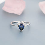 Pear Cut Sapphire Blue CZ Crown Ring in Sterling Silver, Vintage Inspired Design, US 5 - 8, September Birthstone