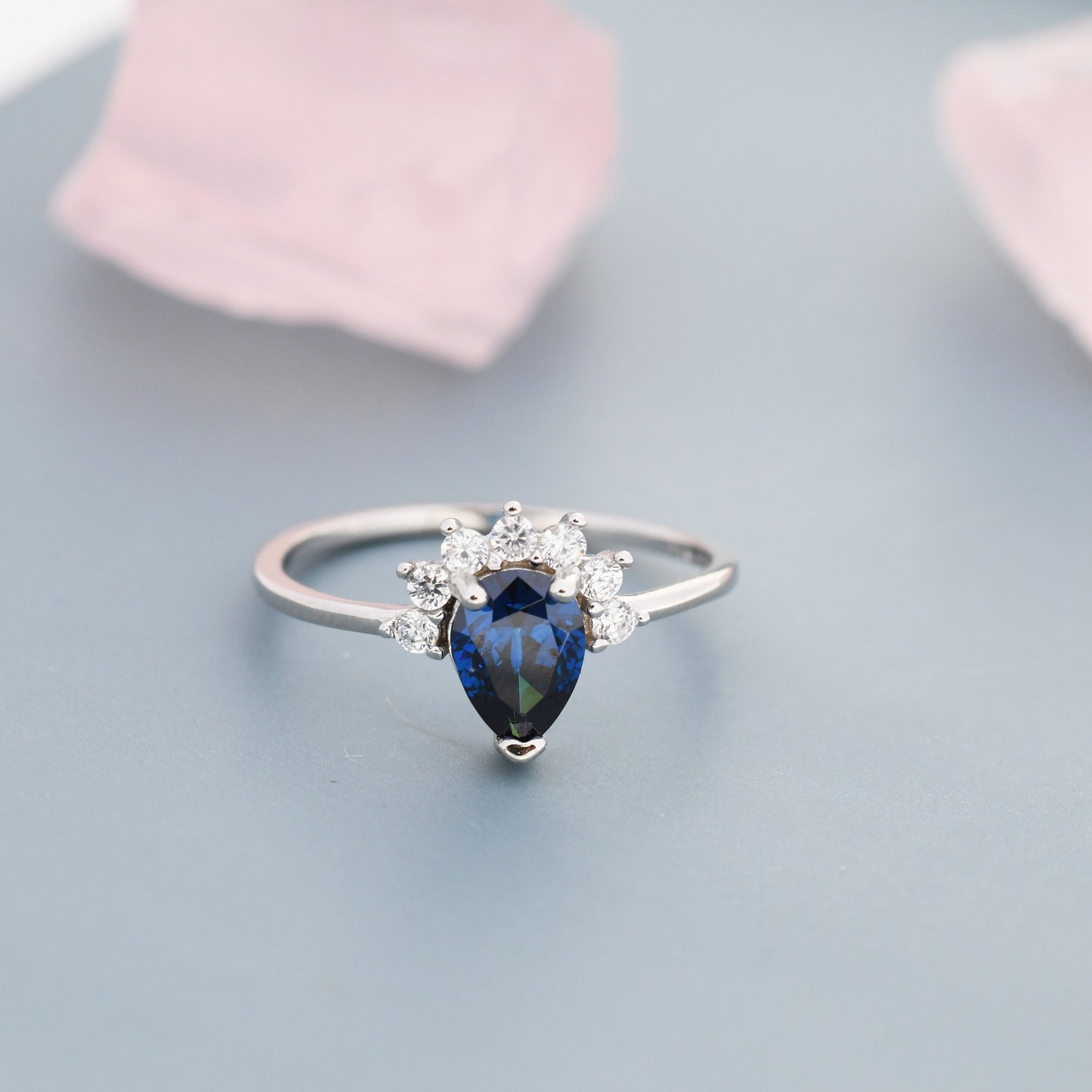 Pear Cut Sapphire Blue CZ Crown Ring in Sterling Silver, Vintage Inspired Design, US 5 - 8, September Birthstone