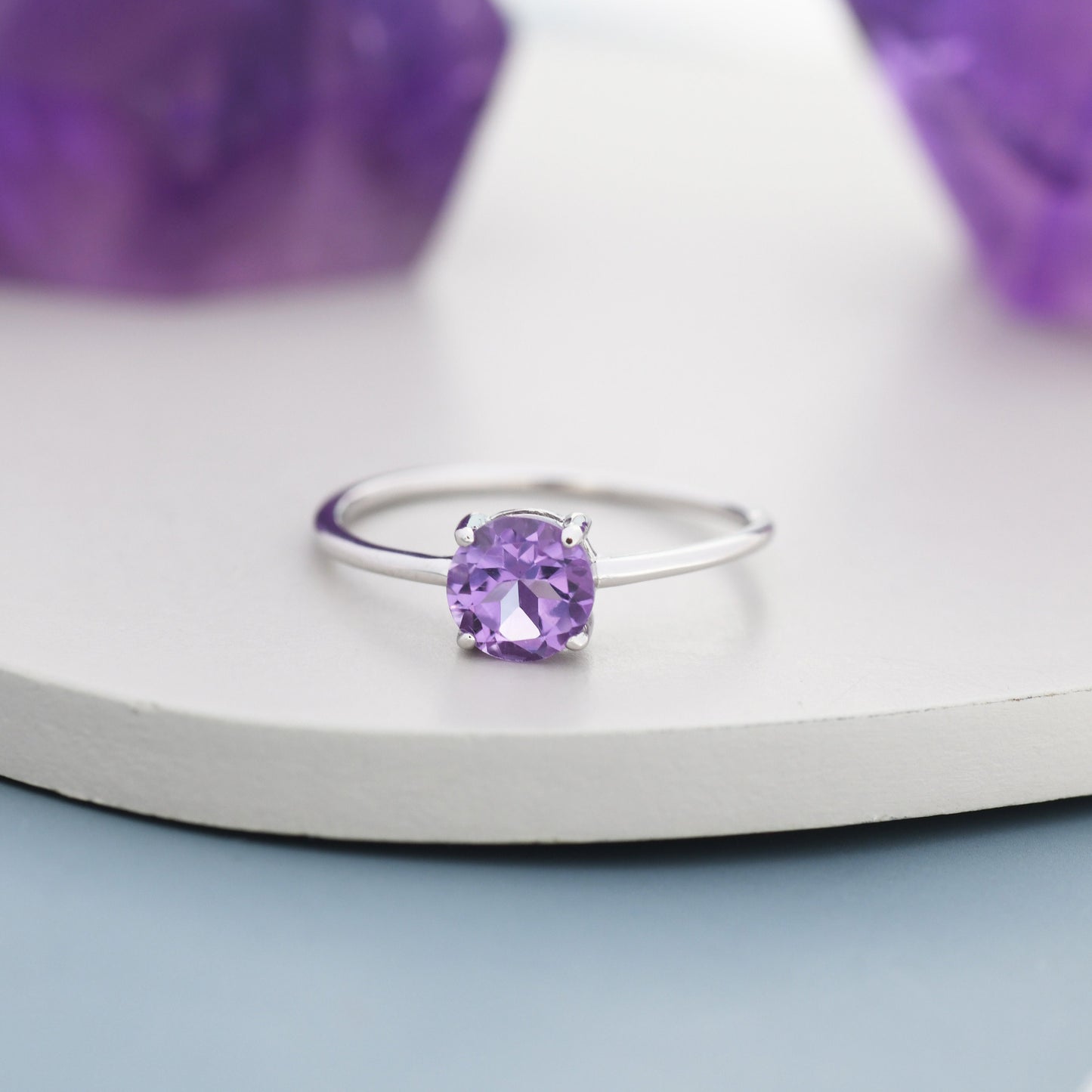 Genuine 1Ct Amethyst Crystal Ring in Sterling Silver, Natural Brilliant Cut Citrine Stone Ring, Stacking Rings, US 5-8