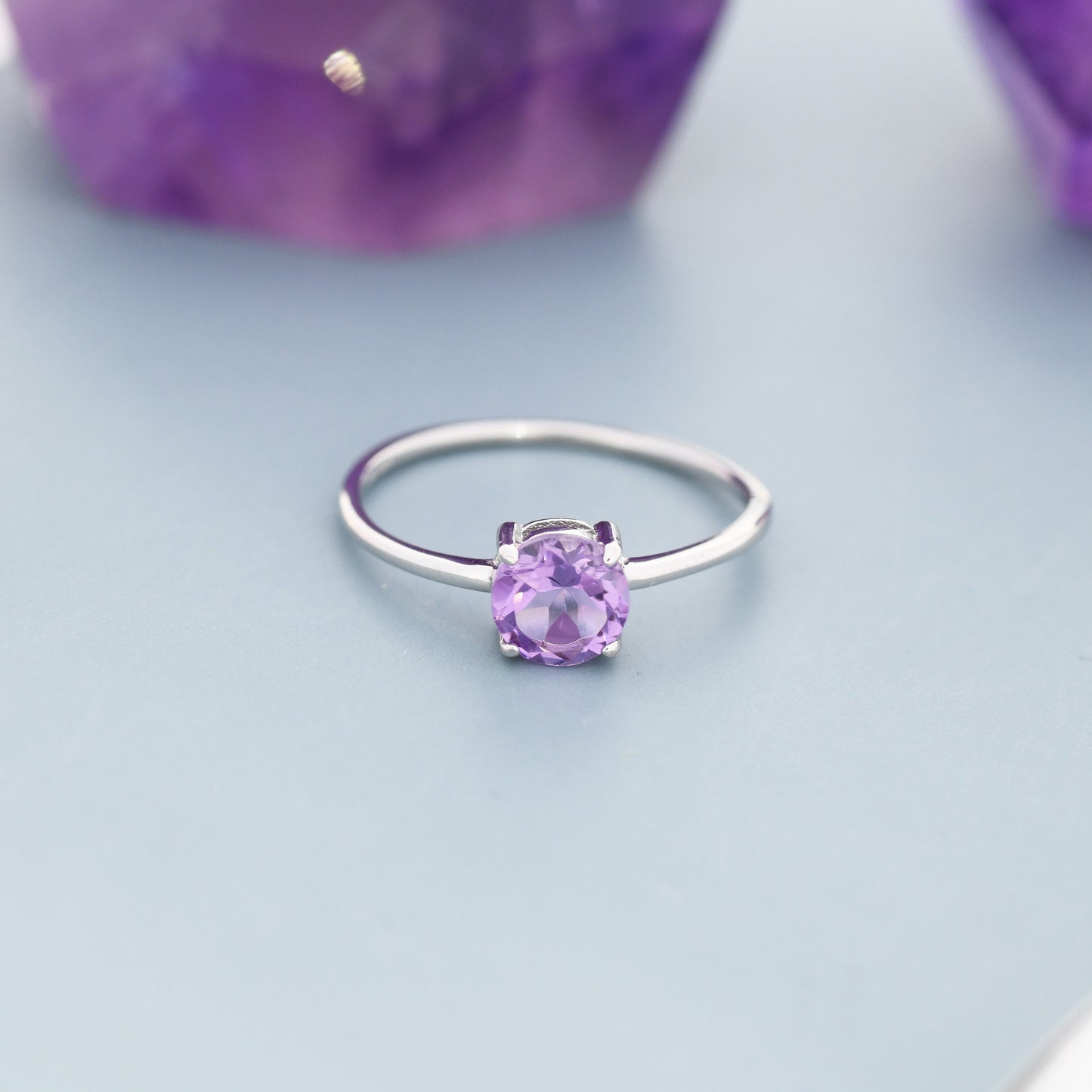 Genuine 1Ct Amethyst Crystal Ring in Sterling Silver, Natural Brilliant Cut Citrine Stone Ring, Stacking Rings, US 5-8