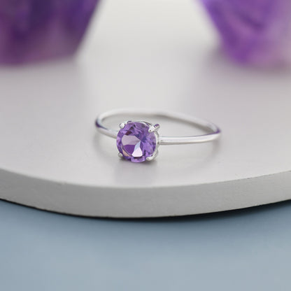 Genuine 1Ct Amethyst Crystal Ring in Sterling Silver, Natural Brilliant Cut Citrine Stone Ring, Stacking Rings, US 5-8