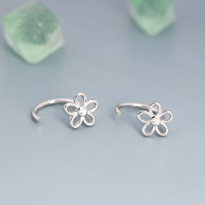 Forget me not Flower Huggie Hoop Earrings in Sterling Silver, Curved Post Earrings, Open Hoops,  Pull-Through Threader Earrings,