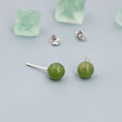 Natural Jasper Jade Stud Earrings in Sterling Silver, Simple Spinach Green Jade Earrings, 6mm Jade Ball Earrings