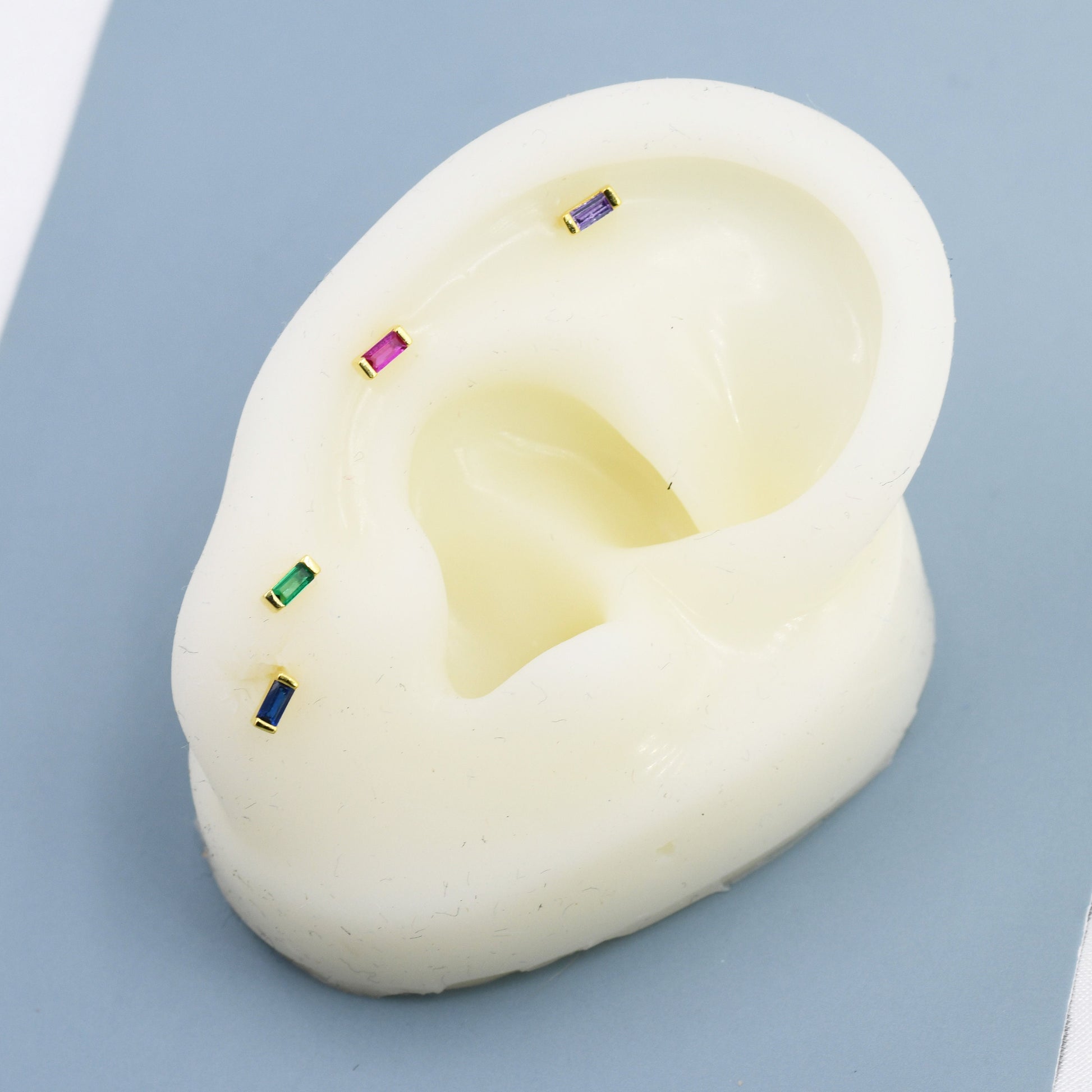 Extra Tiny Baguette CZ Screw Back Earrings in Sterling Silver, Silver or Gold, Geometric CZ Earrings, Stacking Earrings, Barbell Earrings