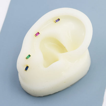 Extra Tiny Baguette CZ Screw Back Earrings in Sterling Silver, Silver or Gold, Geometric CZ Earrings, Stacking Earrings, Barbell Earrings