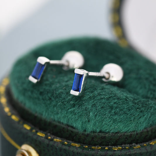 Extra Tiny Sapphire Blue Baguette CZ Screw Back Earrings in Sterling Silver, Silver or Gold, Stacking Earrings, Barbell Earrings