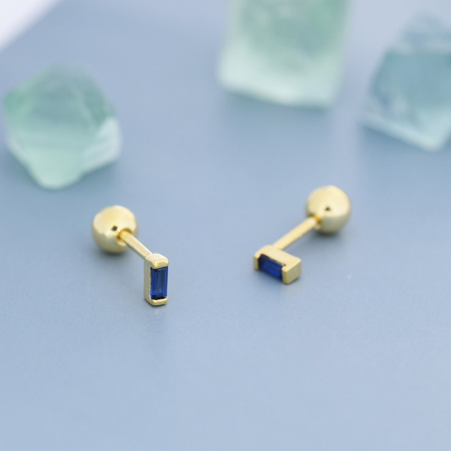 Extra Tiny Sapphire Blue Baguette CZ Screw Back Earrings in Sterling Silver, Silver or Gold, Stacking Earrings, Barbell Earrings