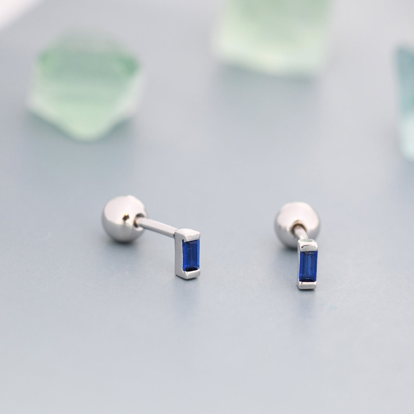 Extra Tiny Sapphire Blue Baguette CZ Screw Back Earrings in Sterling Silver, Silver or Gold, Stacking Earrings, Barbell Earrings