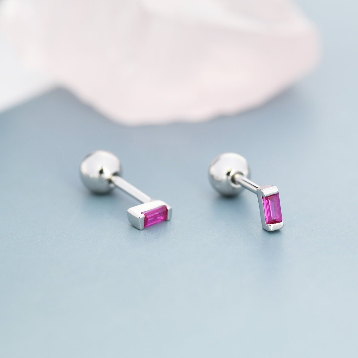 Extra Tiny Ruby Pink Baguette CZ Screw Back Earrings in Sterling Silver, Silver or Gold, Stacking Earrings, Barbell Earrings, Ruby Red
