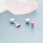 Extra Tiny Ruby Pink Baguette CZ Screw Back Earrings in Sterling Silver, Silver or Gold, Stacking Earrings, Barbell Earrings, Ruby Red
