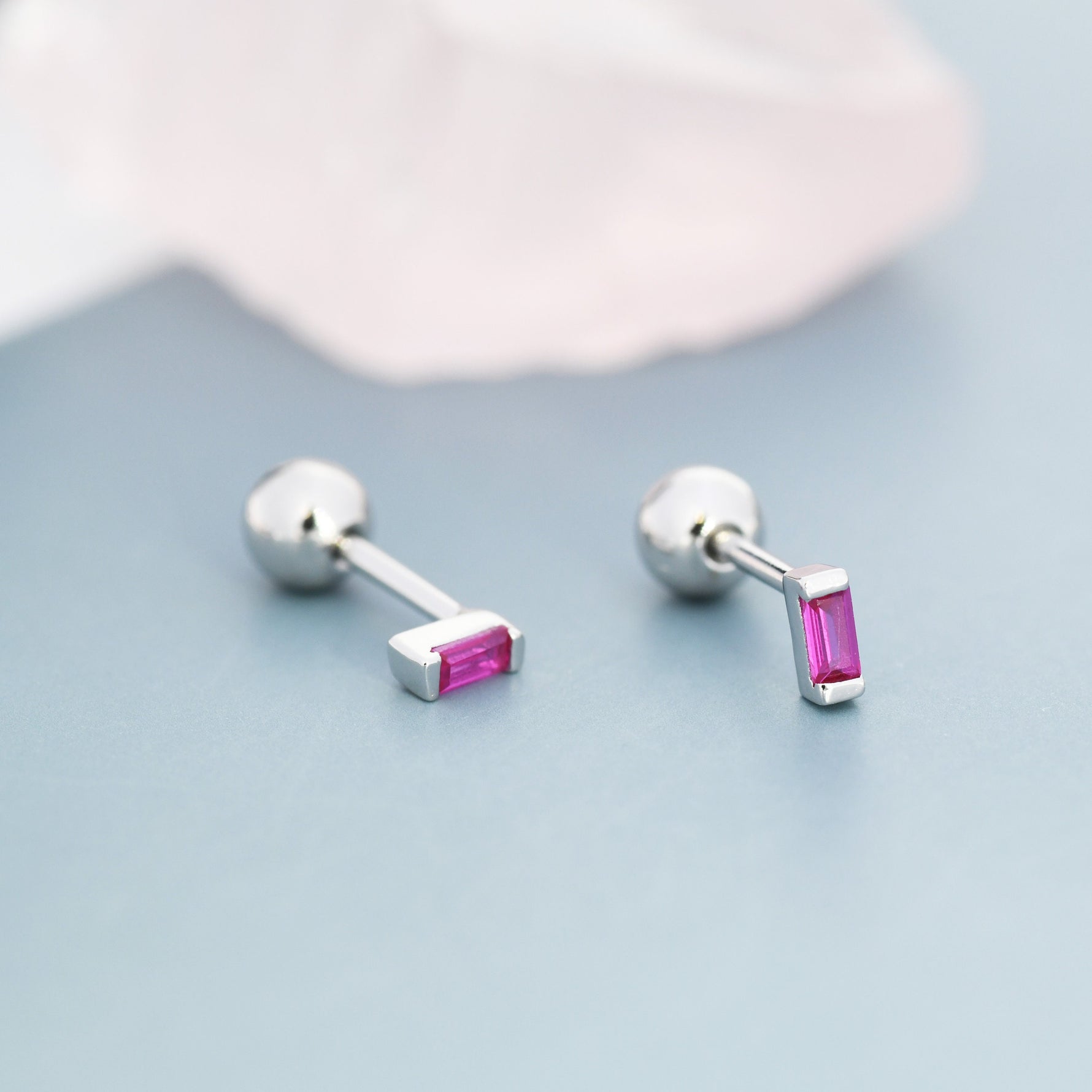 Extra Tiny Ruby Pink Baguette CZ Screw Back Earrings in Sterling Silver, Silver or Gold, Stacking Earrings, Barbell Earrings, Ruby Red