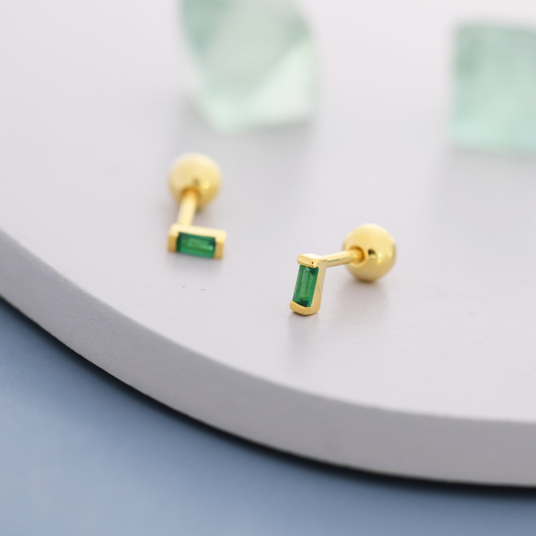 Extra Tiny Emerald Green Baguette CZ Screw Back Earrings in Sterling Silver, Silver or Gold, Stacking Earrings, Barbell Earrings