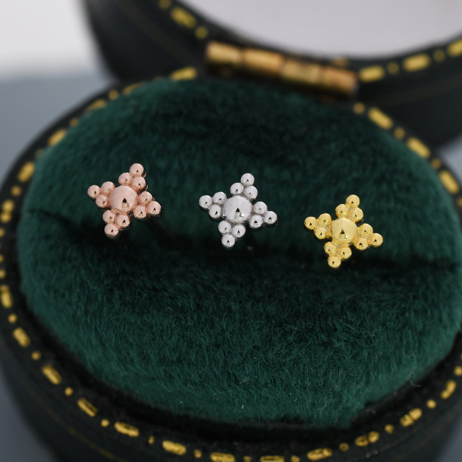 Extra Tiny Dotted Cluster Screw Back Earrings in Sterling Silver, Gold or Silver, Four Cluster Barbell Earrings, Vintage Inspired