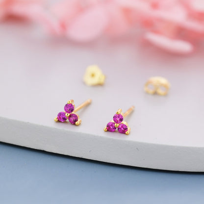 Extra Tiny Tree Dot Ruby Pink CZ Stud Earrings in Sterling Silver, Silver or Gold, Three Dot Trinity Ruby Red Earrings