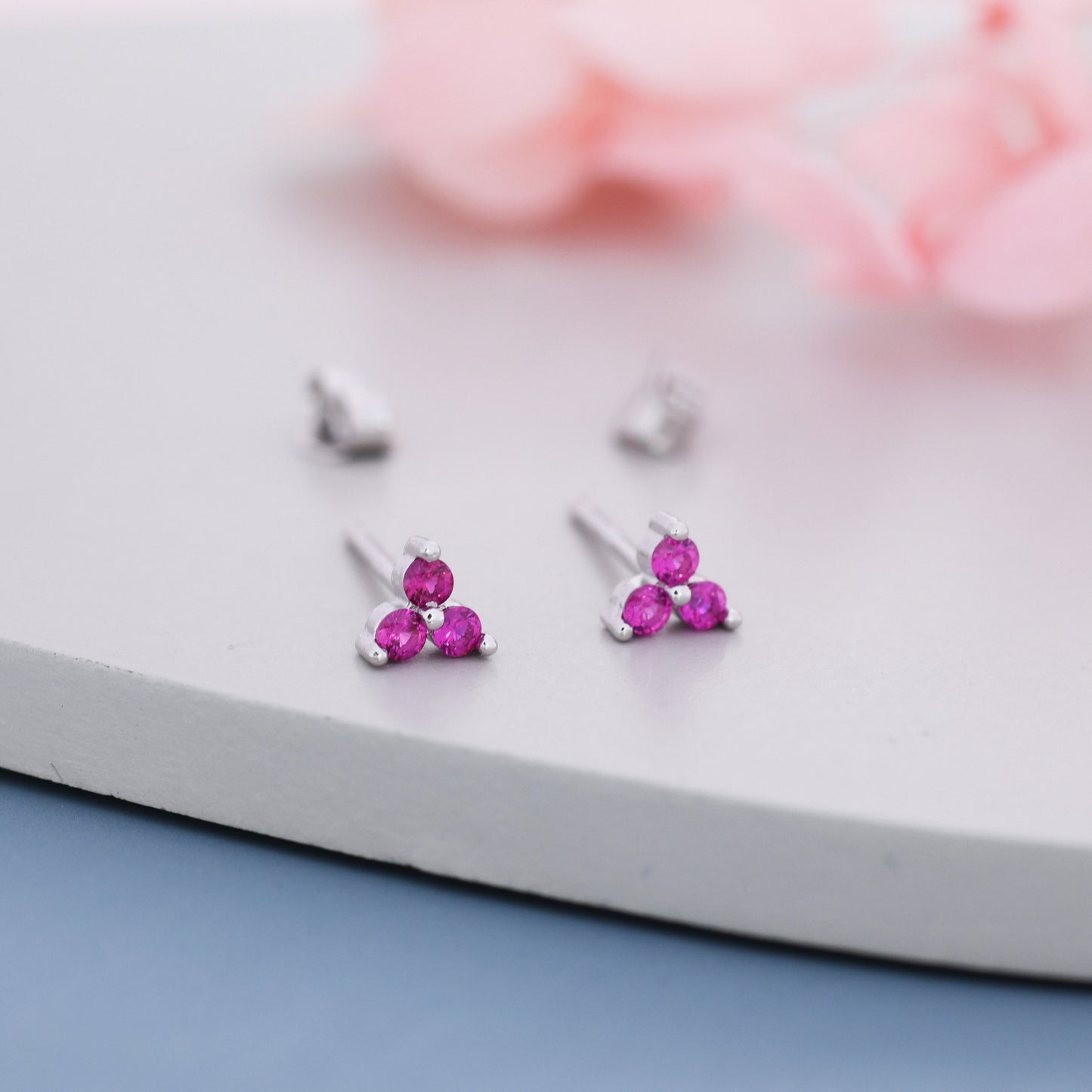 Extra Tiny Tree Dot Ruby Pink CZ Stud Earrings in Sterling Silver, Silver or Gold, Three Dot Trinity Ruby Red Earrings