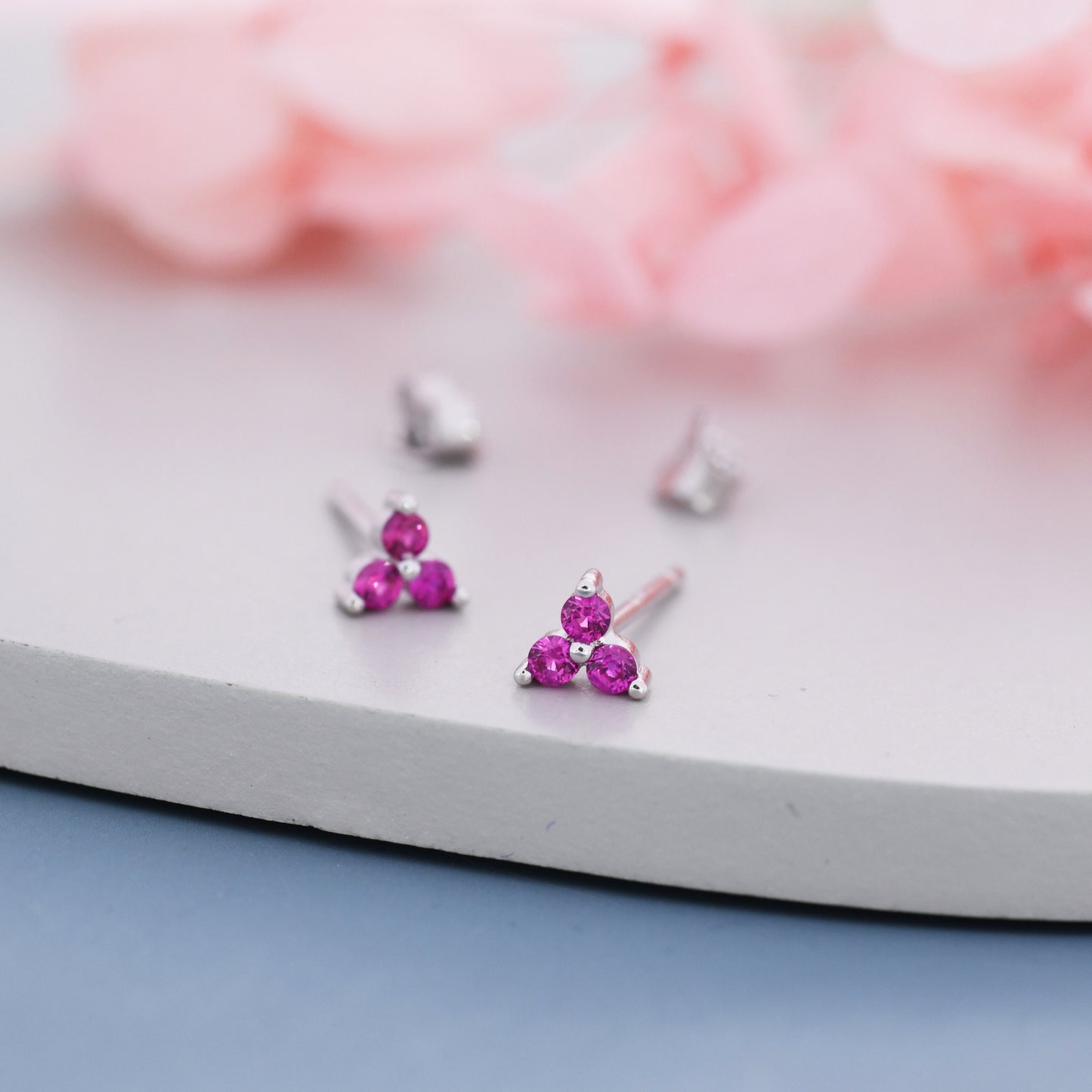 Extra Tiny Tree Dot Ruby Pink CZ Stud Earrings in Sterling Silver, Silver or Gold, Three Dot Trinity Ruby Red Earrings