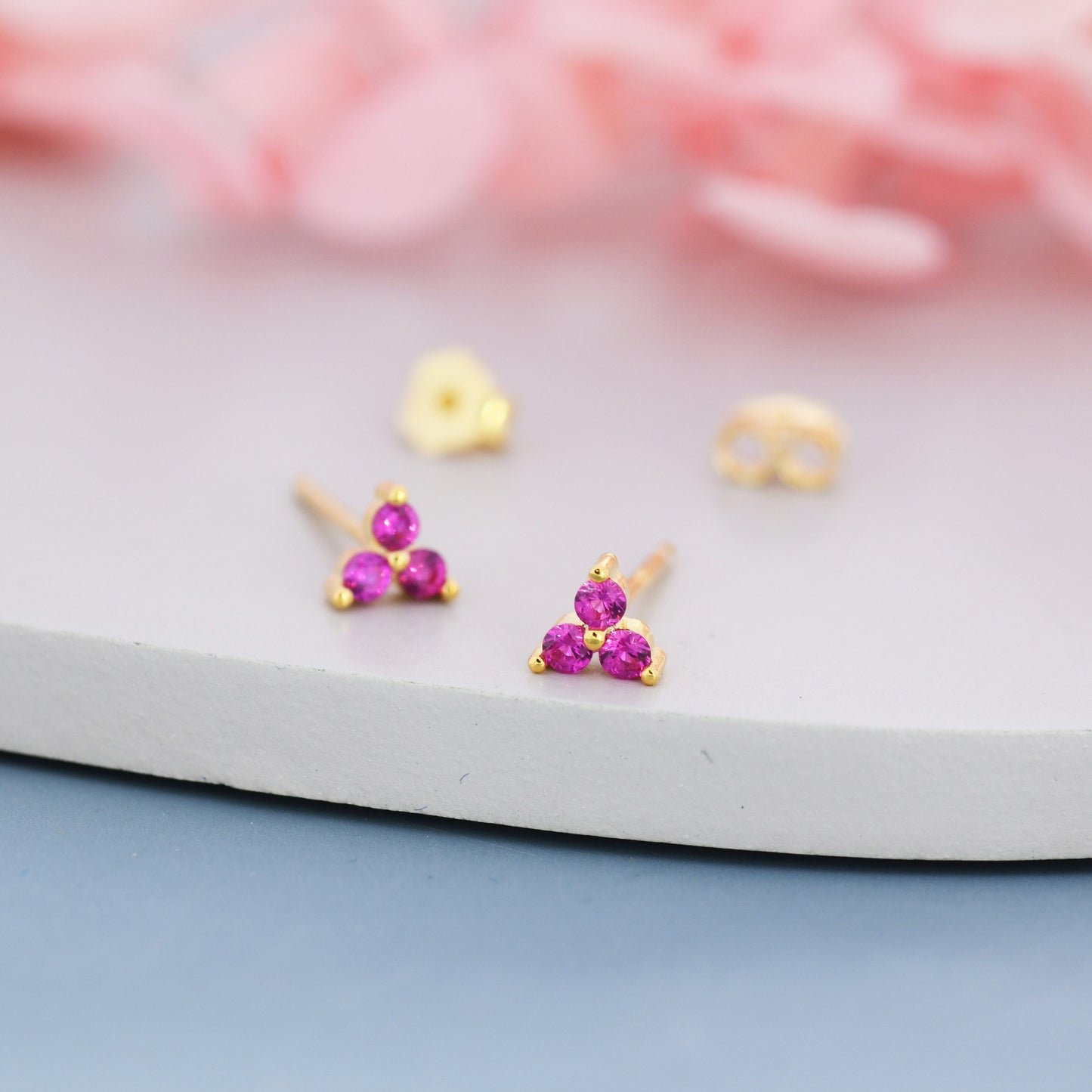 Extra Tiny Tree Dot Ruby Pink CZ Stud Earrings in Sterling Silver, Silver or Gold, Three Dot Trinity Ruby Red Earrings