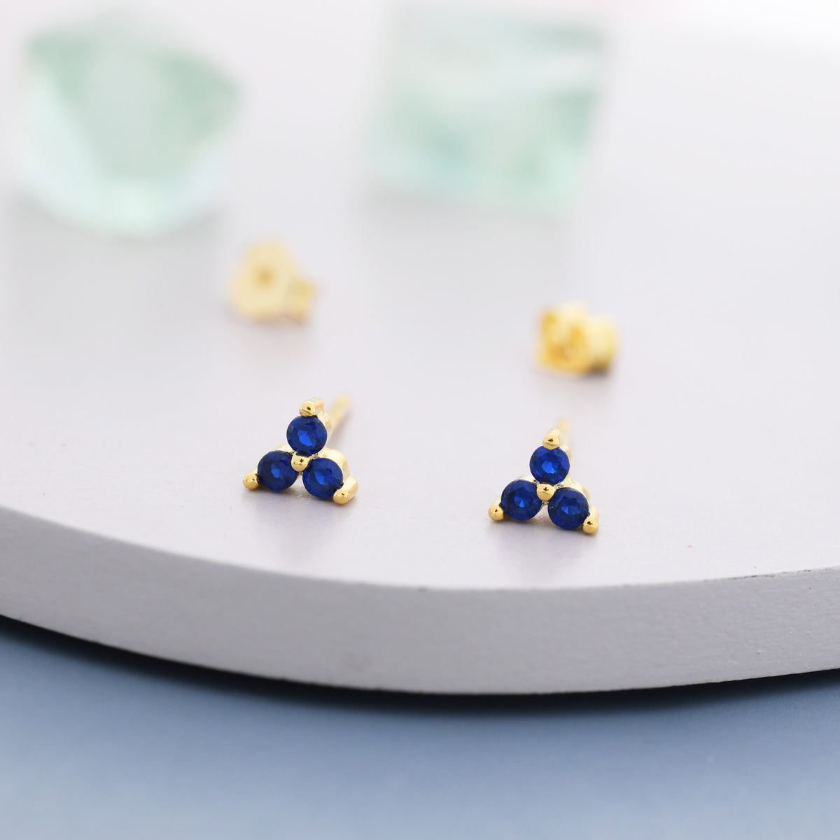 Extra Tiny Tree Dot Sapphire Blue CZ Stud Earrings in Sterling Silver, Silver or Gold, Three Dot Trinity September Birthstone Earrings