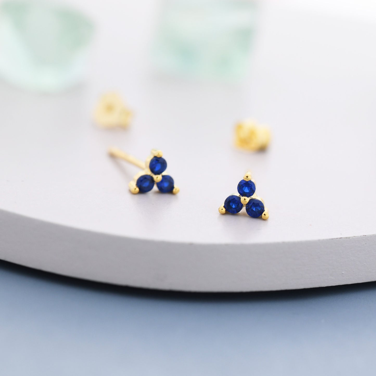 Extra Tiny Tree Dot Sapphire Blue CZ Stud Earrings in Sterling Silver, Silver or Gold, Three Dot Trinity September Birthstone Earrings